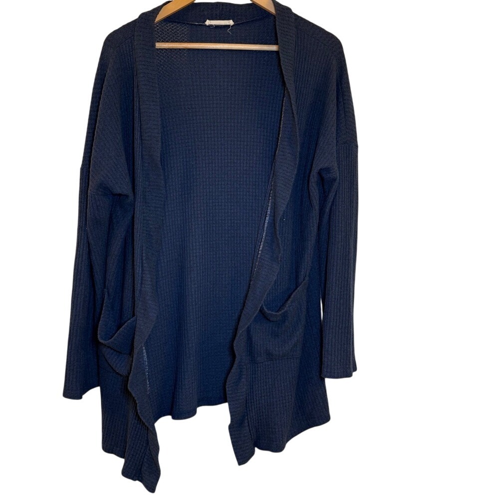 Natural Life Navy Blue‎ Waffle Knit Open Front Cardigan Pockets Women L